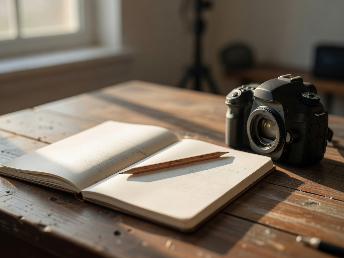 Shallow-focus view of a planning notebook, pencil and camera body laid out on a desk before a shoot