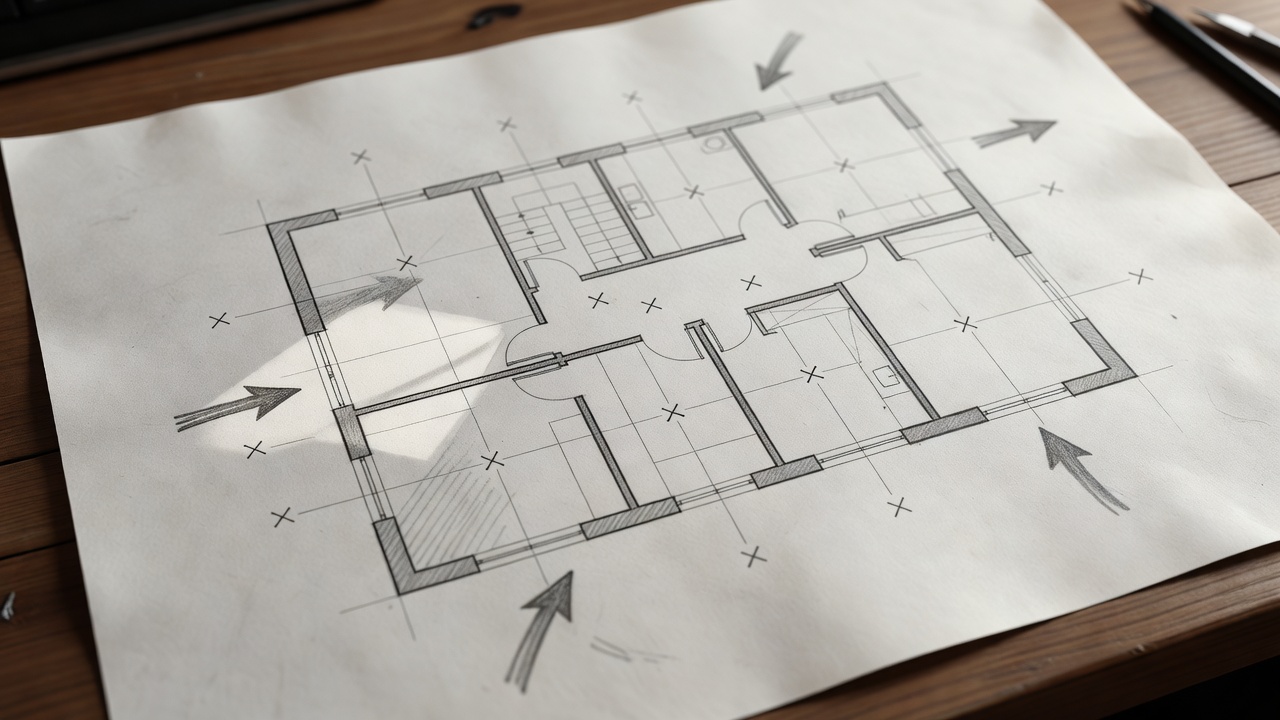 Close-up of a floor plan sketch marked with camera positions and sun direction arrows