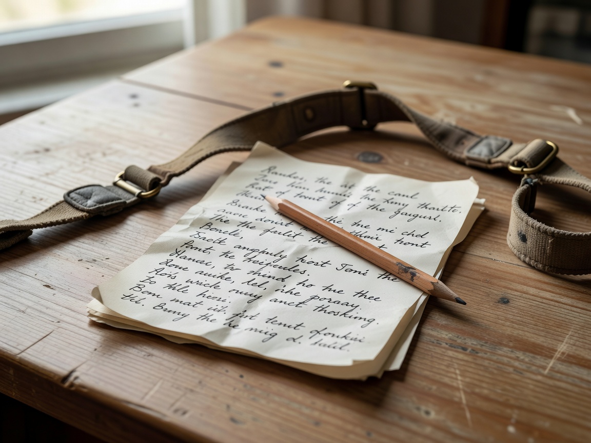 Close-up of handwritten brief notes and a pencil beside a camera strap