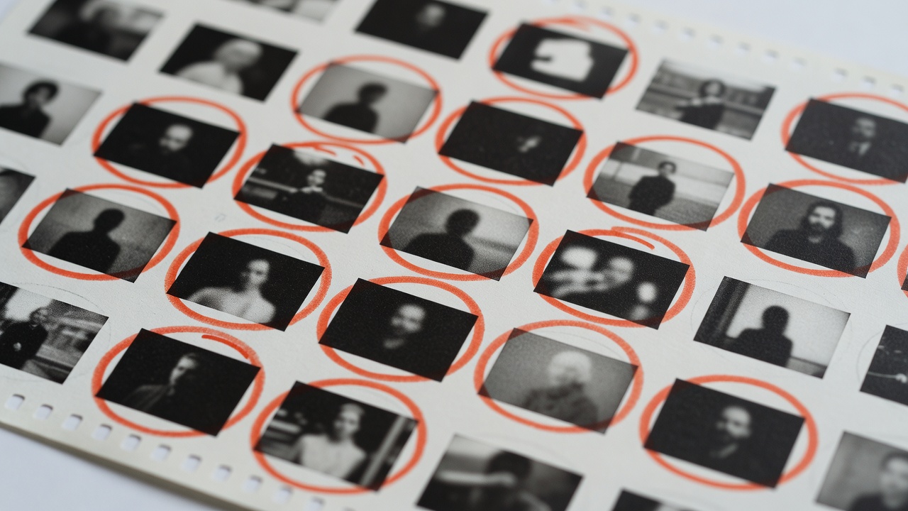 Close-up of a printed contact sheet with grease-pencil circles marking frames chosen for a story sequence