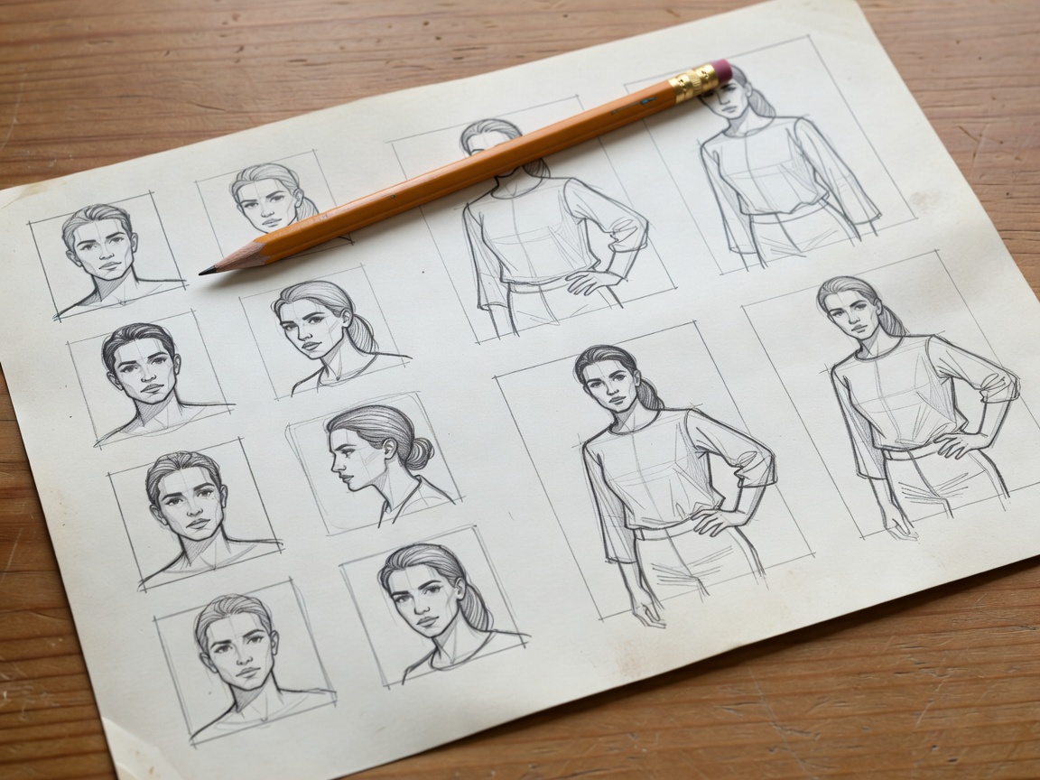 Shallow-focus close-up of a portrait session shot sheet with pencil-marked framing notes