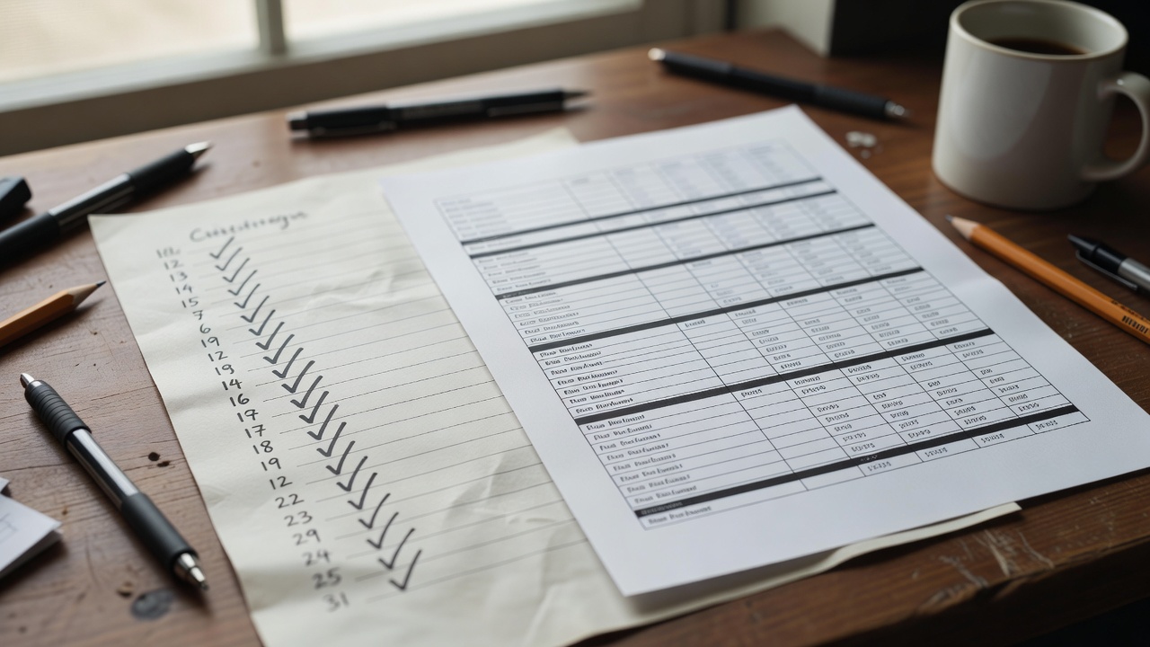 Close-up of handwritten culling notes with ticked frame numbers beside a printed shot list