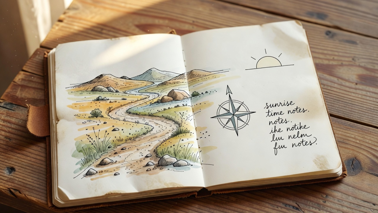 Notebook page with a hand-drawn location sketch, compass arrow and sunrise time notes